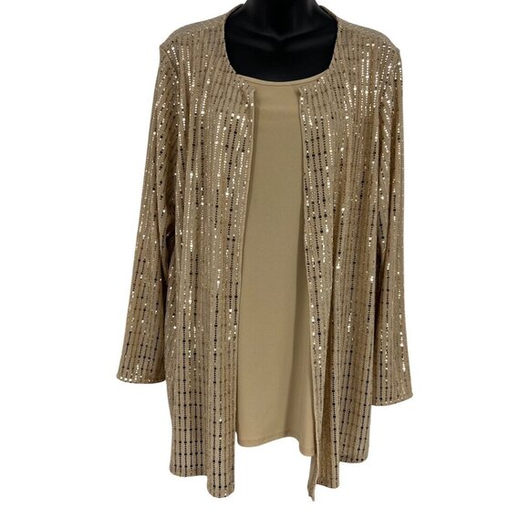 Anne Klein Plus Size Womens 2-fer Top Blouse Gold Sequin Scoop Long Sleeve New - Picture 1 of 10